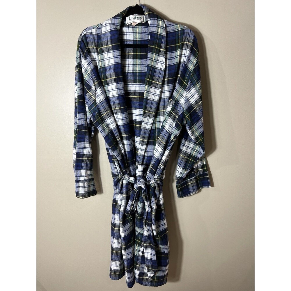 LL Bean Scotch Blue Plaid Flannel Robe Made in USA Large
